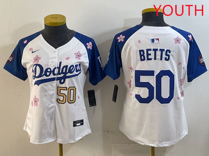 Youth Los Angeles Dodgers #50 Betts White Blue Sakura Edition 2025 Nike MLB Jersey style 6
